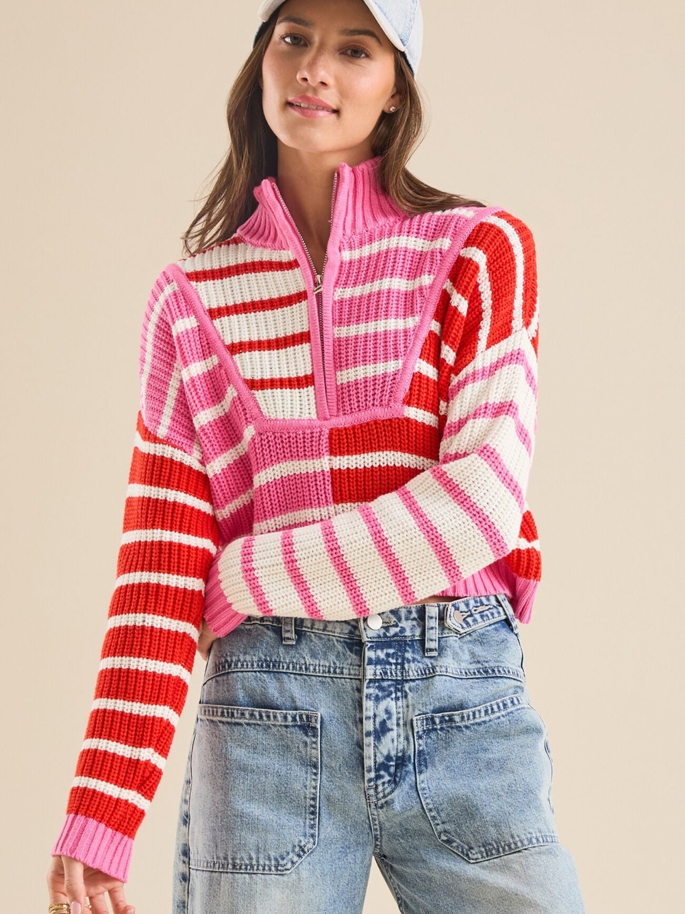 Altar’d State Pink Red Striped Quarter Zip Sweater M Cropped Colorblock Knit